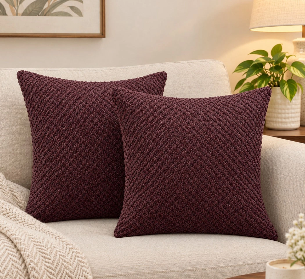 Woven Textured Cotton-Chenille Cushion Cover – Mauve Pink, 20×20 Inches, Pack of 2